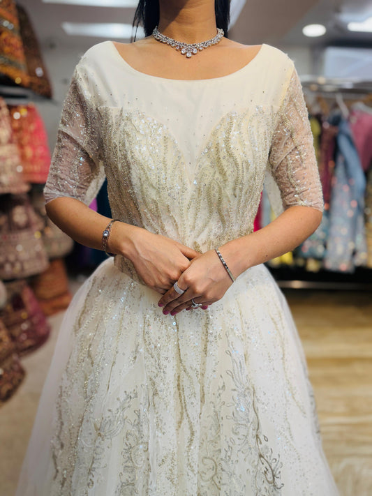 "White Beaded Tulle Ball Gown Wedding Dress with Short Illusion Sleeves & Sequin Detail-White Gown" Product code-2015