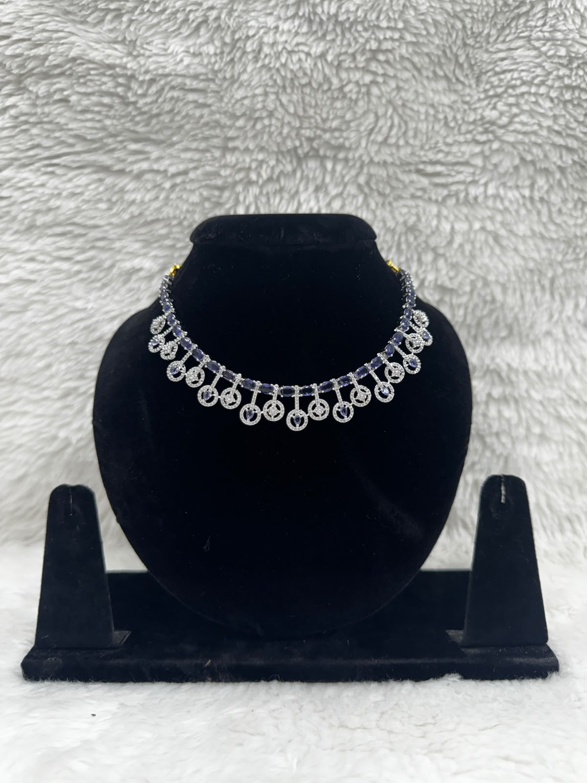 Silver-Tone CZ Necklace & Earrings Set with Purple Stone Accents- 7472
