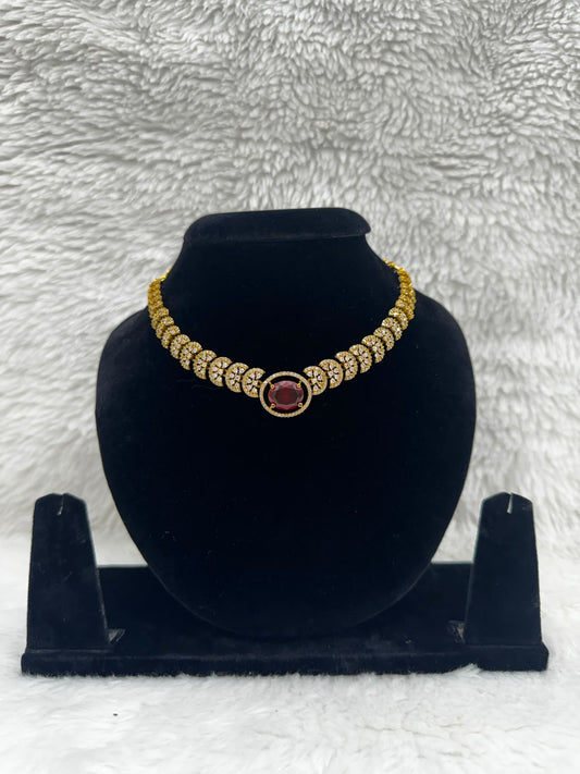 Gold Plated Ruby Red Stone Choker set with AD stones-7455