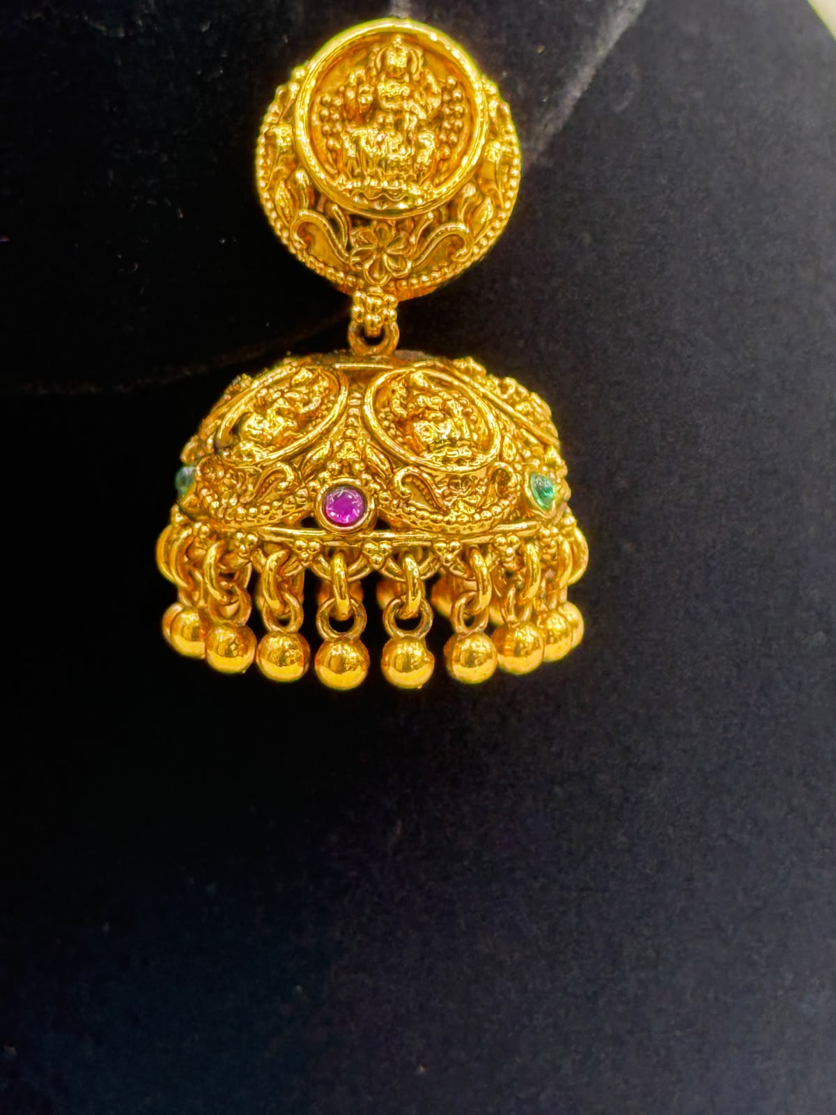 Gold plated Temple Jhumka Earrings with stone -7159