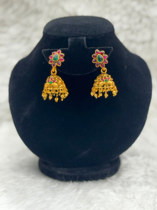Floral Gold Jhumka Earrings with Emerald Temple for women -7211