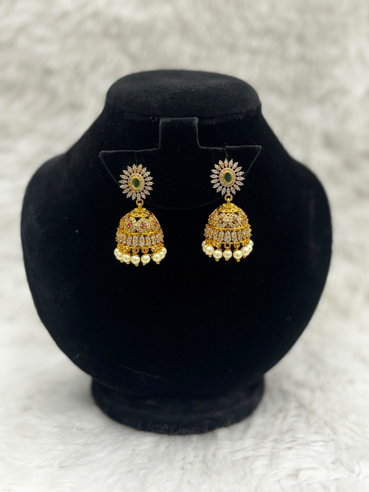 Royal Gold plated Flower Jhumka Earrings with pearl and stone work -7526