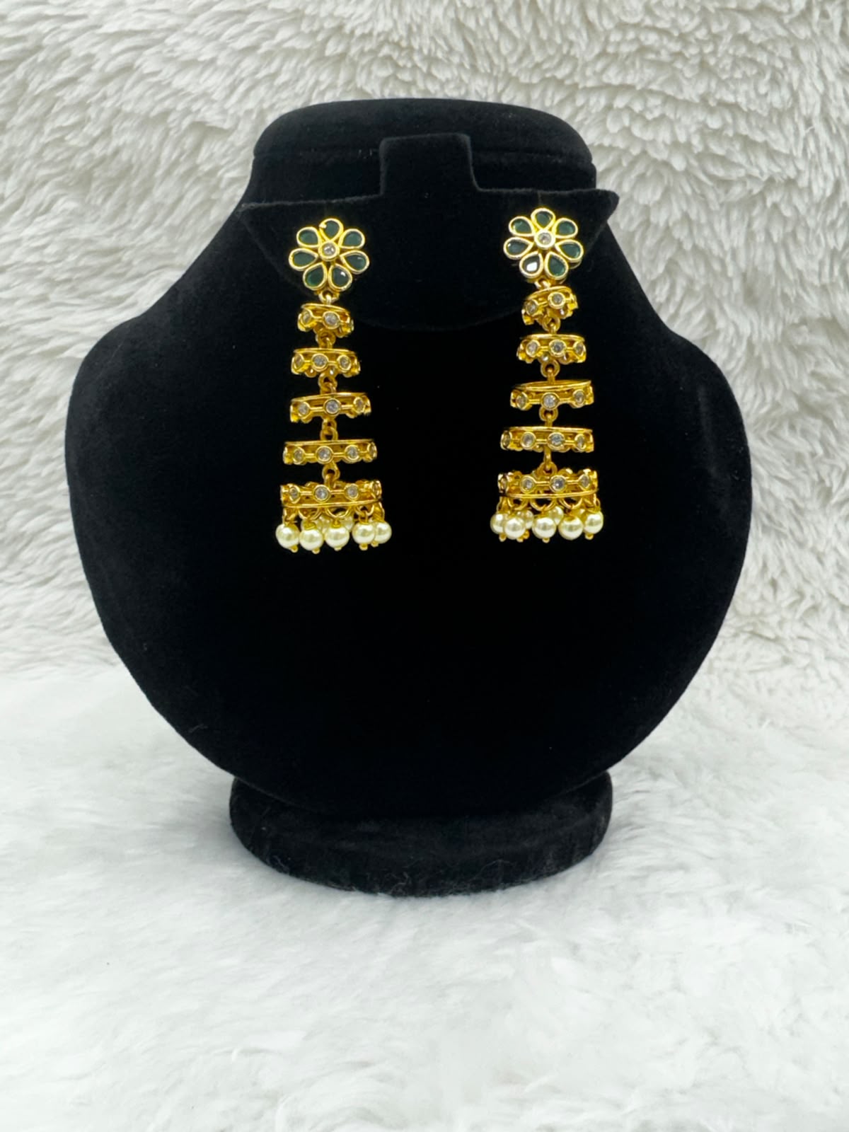 Long Gold Plared Layered Drop Earrings with Flower stud and pearl Hang-7523