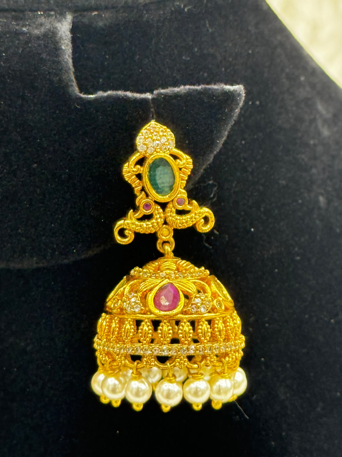 Royal Antique Gold Plated Earrings with Emarald and pearl work -7414