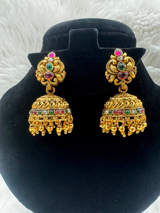 Antique Gold Plated Navaratna Jhumka Earrings with Ruby ang Emeral -7202