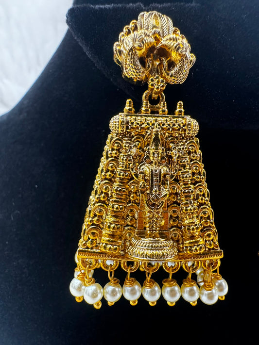 Antique Gold plated Earrings Traingular temple Jhumka -7513