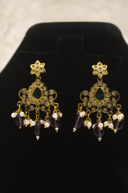 "Gold-Plated Kundan Necklace & Earring Set with Pearl and Bead Danglers" Product code-6030