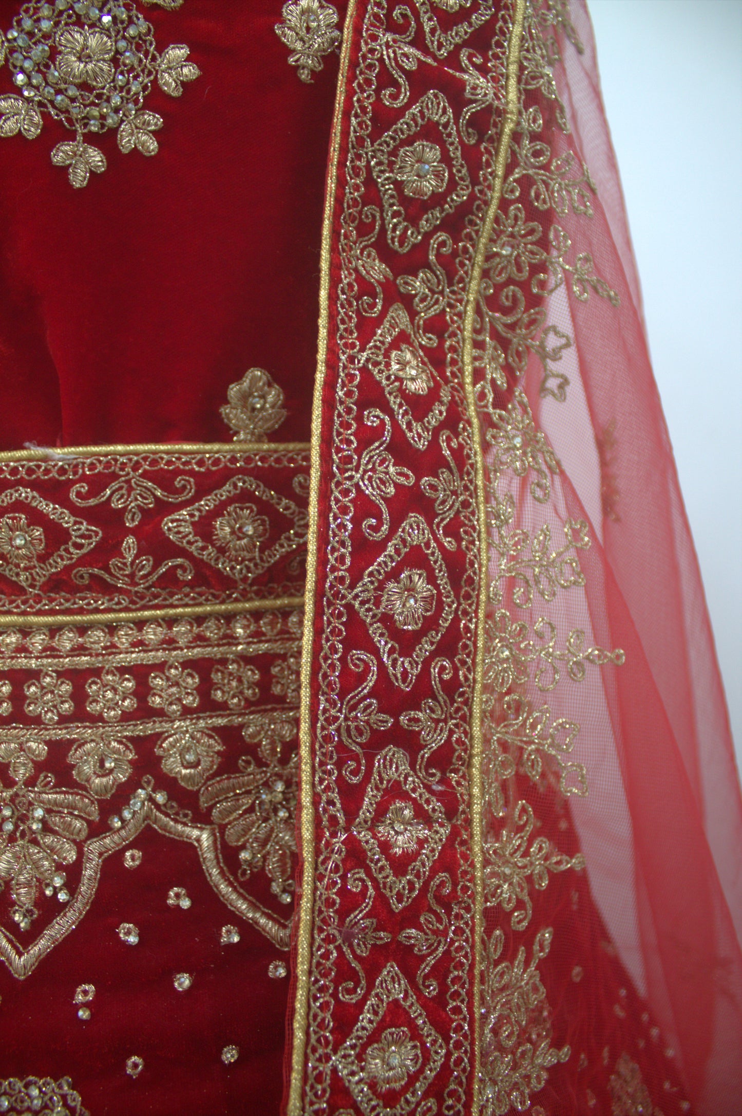 “Crimson Red Velvet Bridal Lehenga with Intricate Zari & Sequin Embroidery” Product code-1226