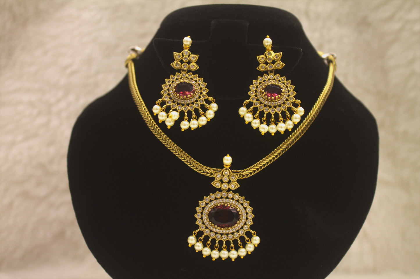 "Antique Gold-Finish Pendant Necklace Set with Pearls & Red Stone Accents" Product code-6342