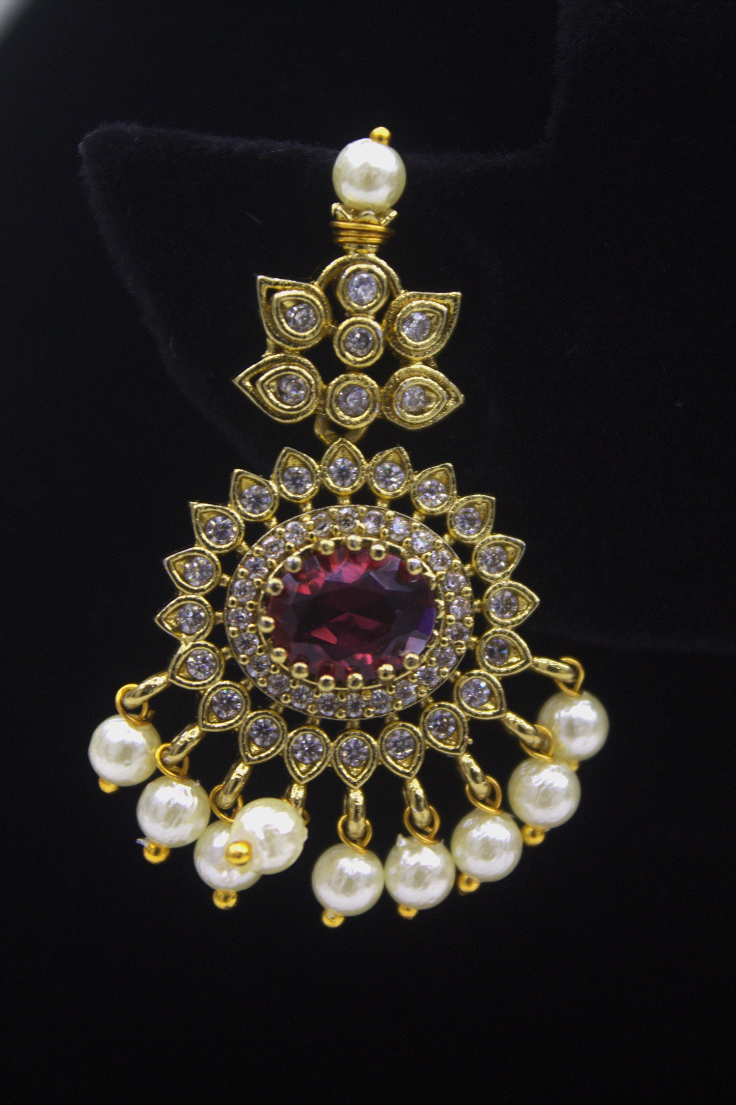 "Antique Gold-Finish Pendant Necklace Set with Pearls & Red Stone Accents" Product code-6342