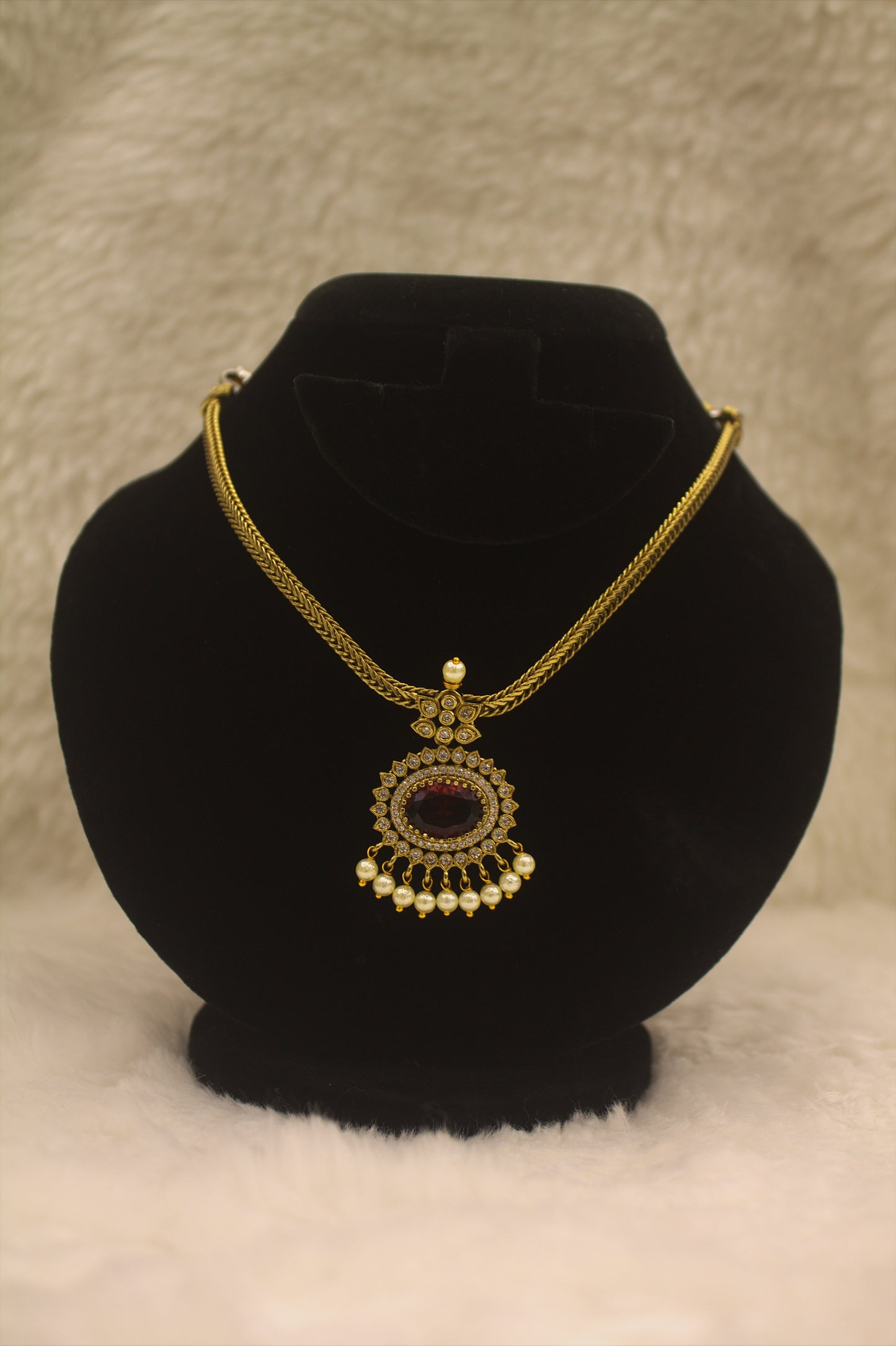 "Antique Gold-Finish Pendant Necklace Set with Pearls & Red Stone Accents" Product code-6342
