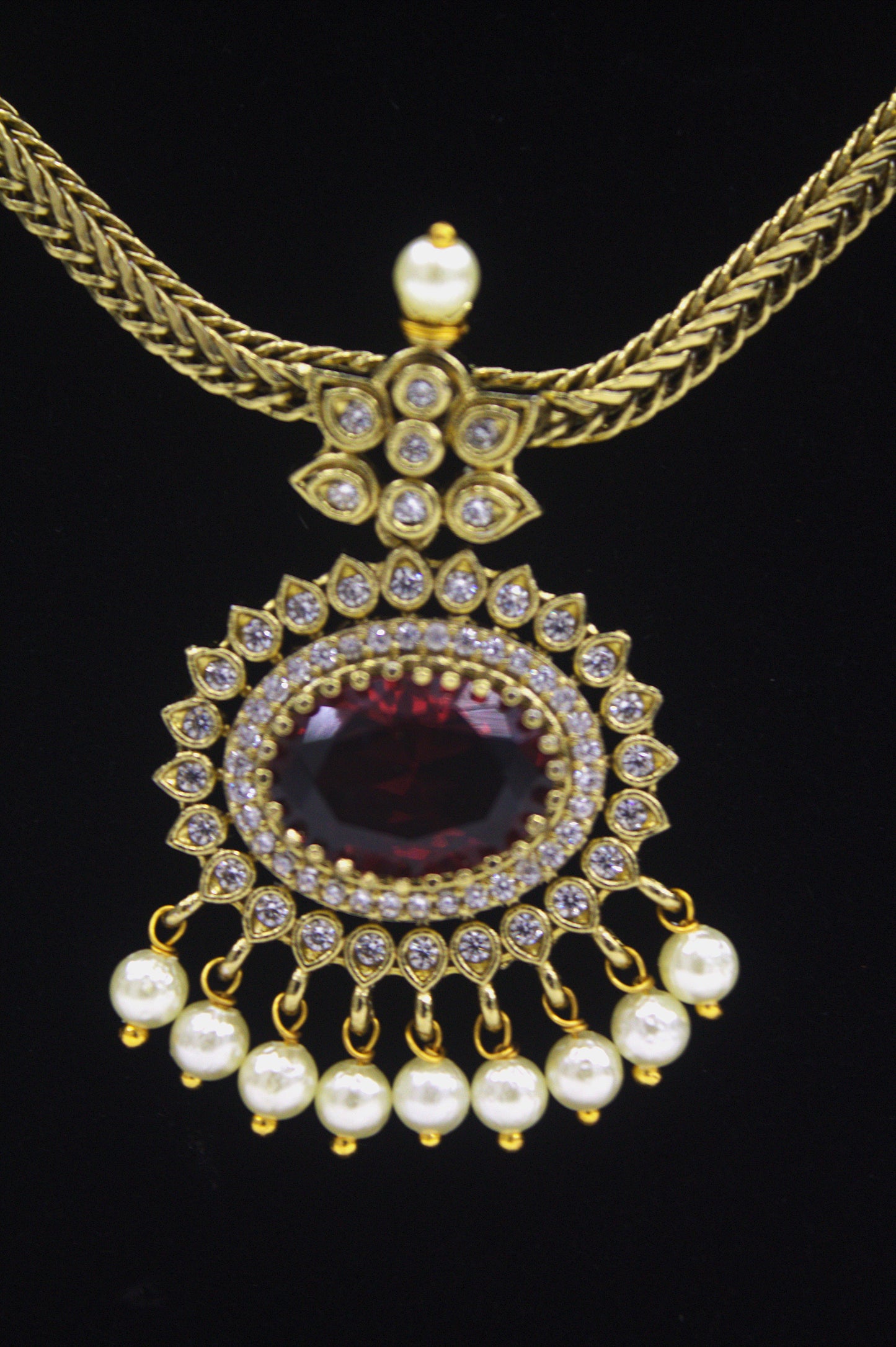 "Antique Gold-Finish Pendant Necklace Set with Pearls & Red Stone Accents" Product code-6342