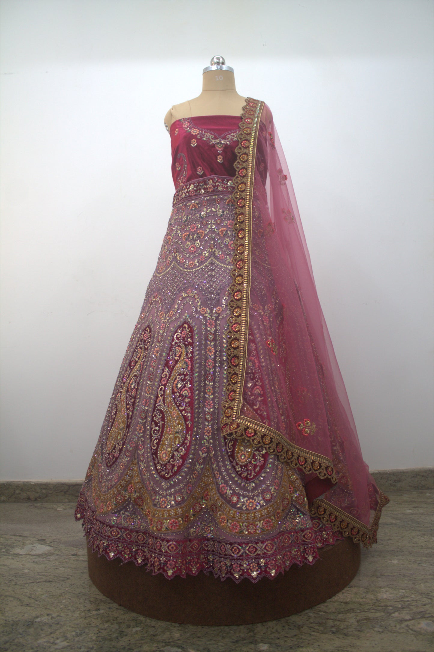 “Rose Pink Velvet Bridal Lehenga with Paisley Motifs & Heavy Zari Embroidery” Product code-1095