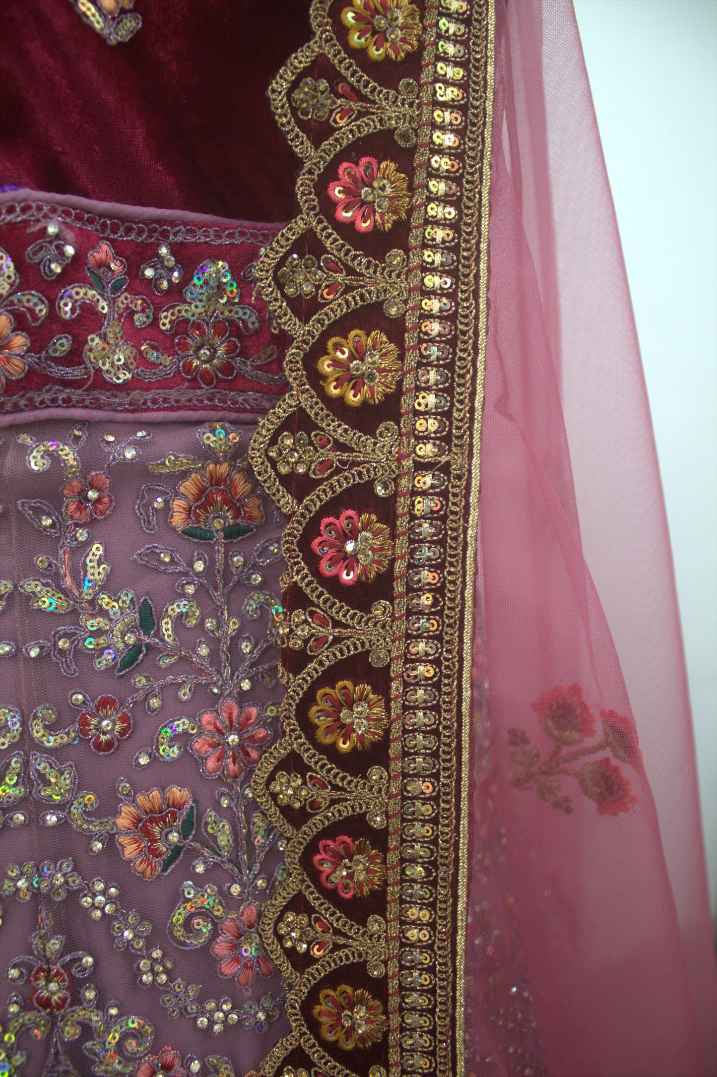“Rose Pink Velvet Bridal Lehenga with Paisley Motifs & Heavy Zari Embroidery” Product code-1095
