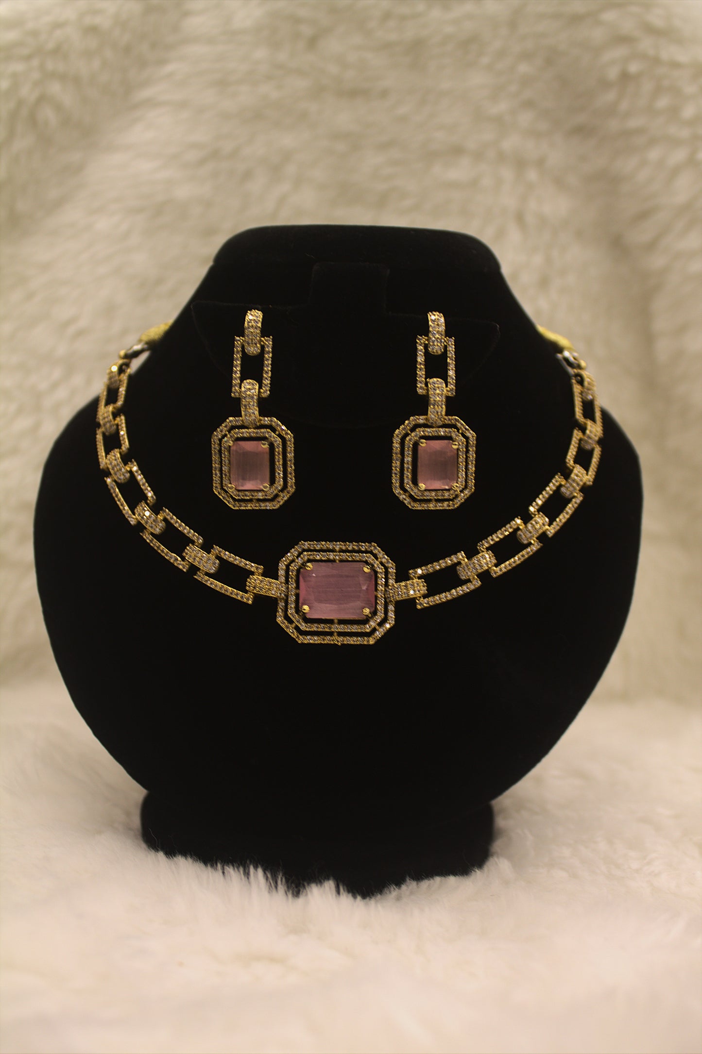 “Royal Pink CZ Stone Gold-Plated Necklace & Earrings Set” Product code-6313