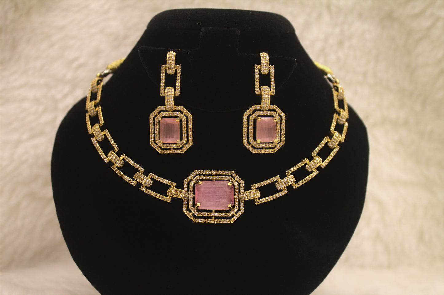 “Royal Pink CZ Stone Gold-Plated Necklace & Earrings Set” Product code-6313