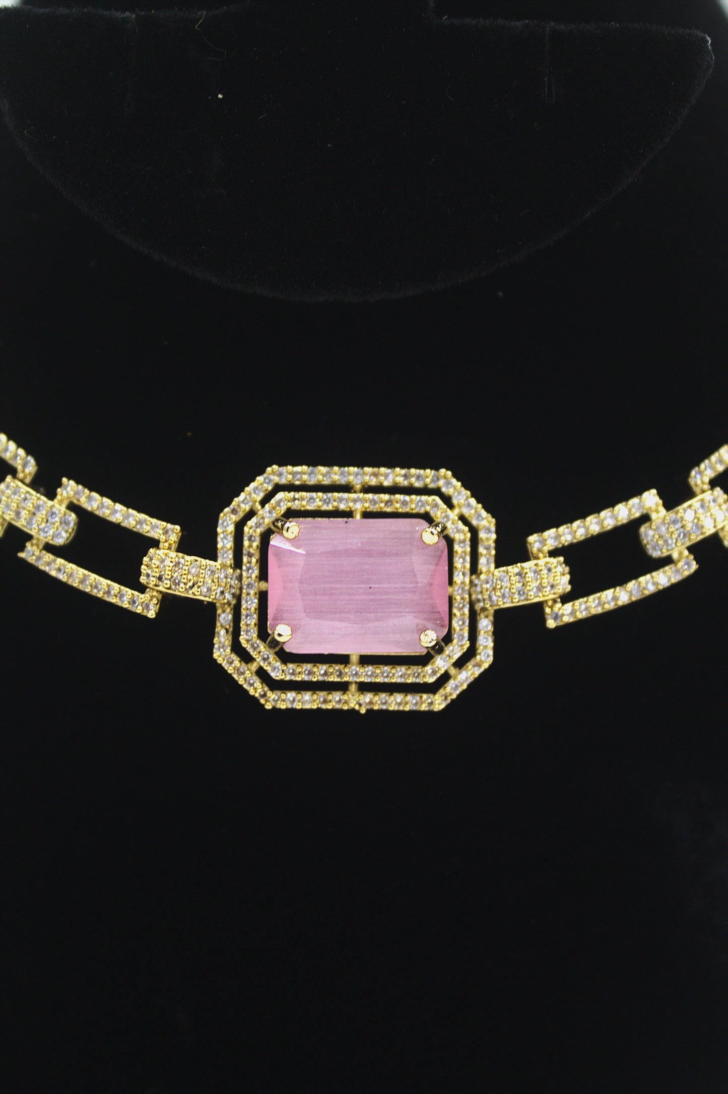 “Royal Pink CZ Stone Gold-Plated Necklace & Earrings Set” Product code-6313
