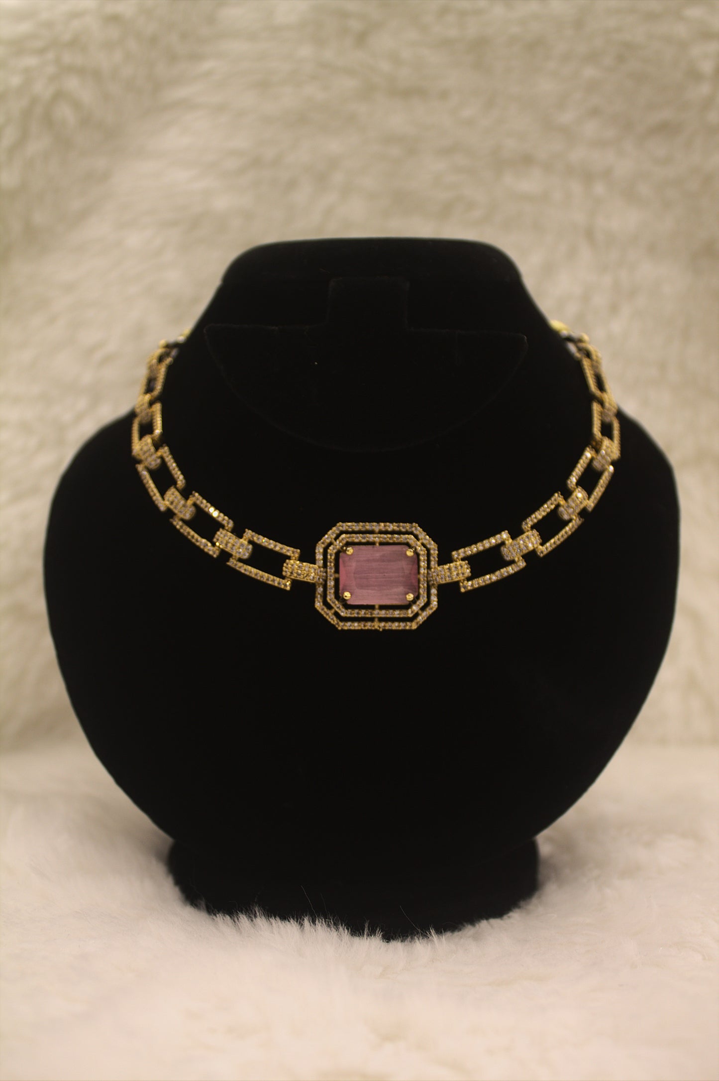 “Royal Pink CZ Stone Gold-Plated Necklace & Earrings Set” Product code-6313