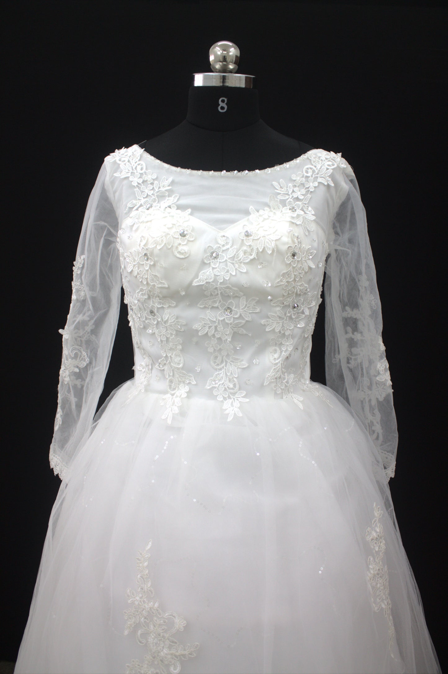 “Celeste Elegant Long Sleeve Ball Gown Wedding Dress with Lace Appliqués & Illusion Neckline-White Gown” Product code-2099