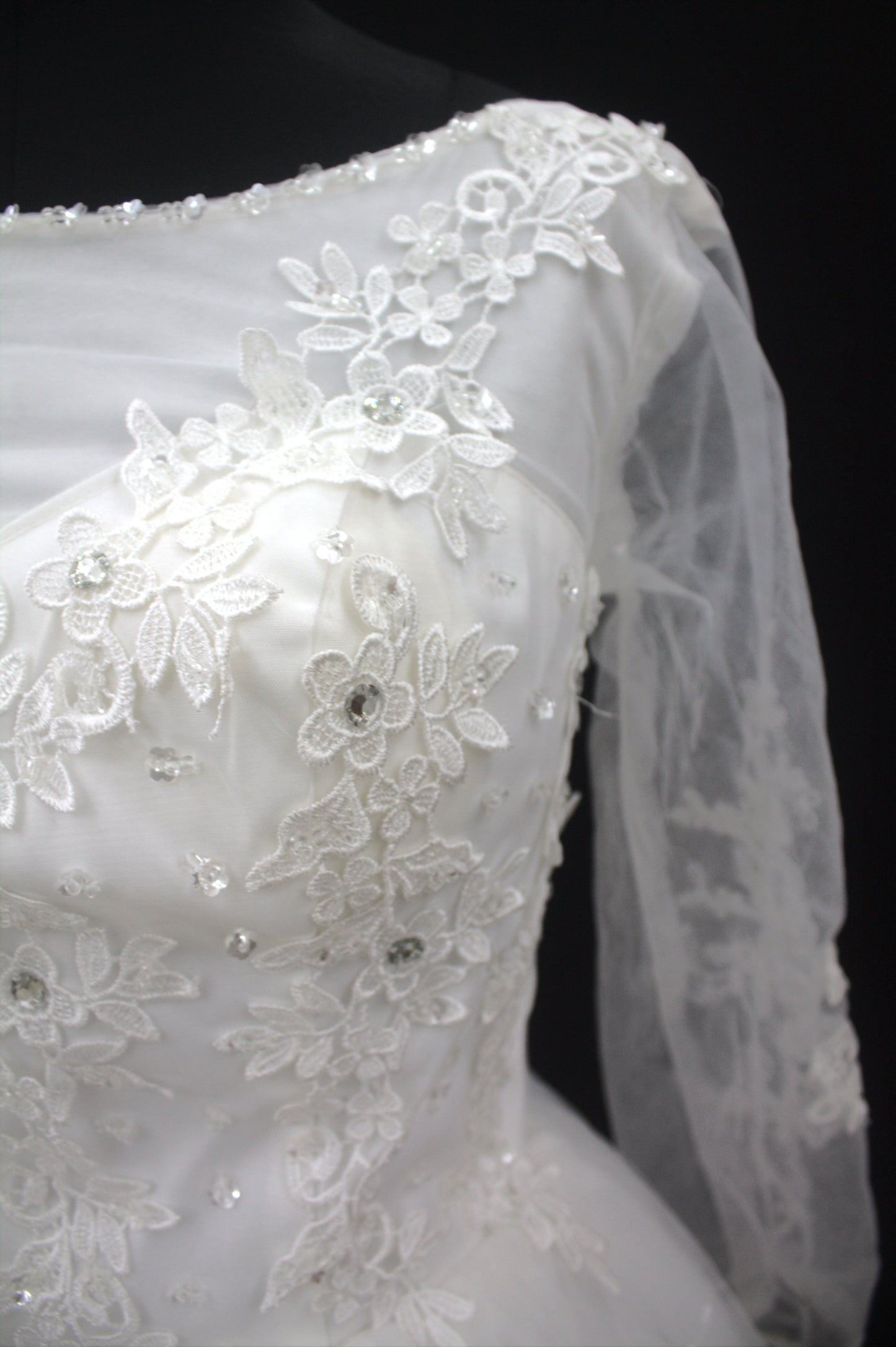 “Celeste Elegant Long Sleeve Ball Gown Wedding Dress with Lace Appliqués & Illusion Neckline-White Gown” Product code-2099