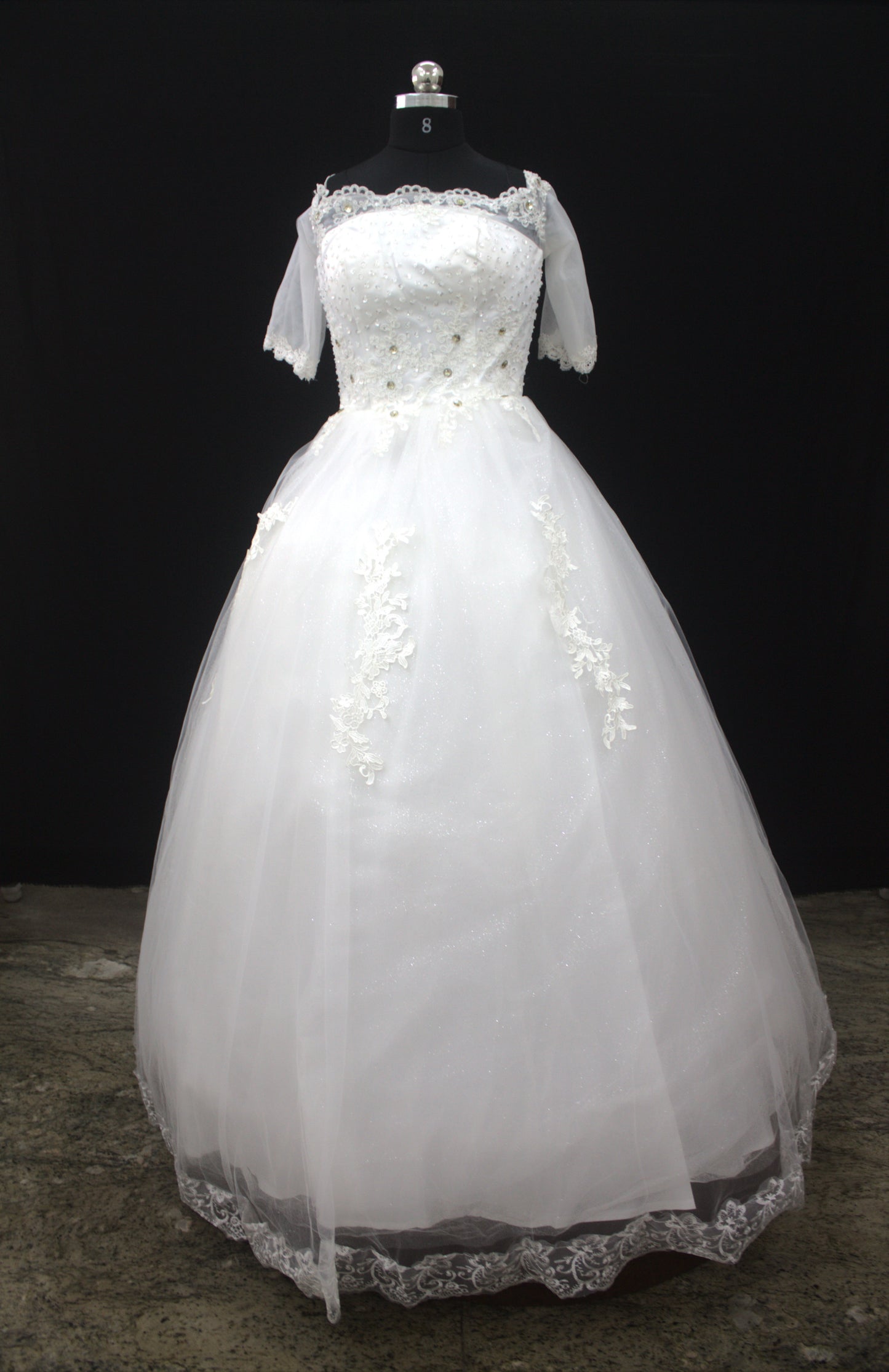 "White Beaded Tulle Ball Gown Wedding Dress with Sheer Lace Short Sleeves & Satin Waist Detail-White Gown" Product code-2019