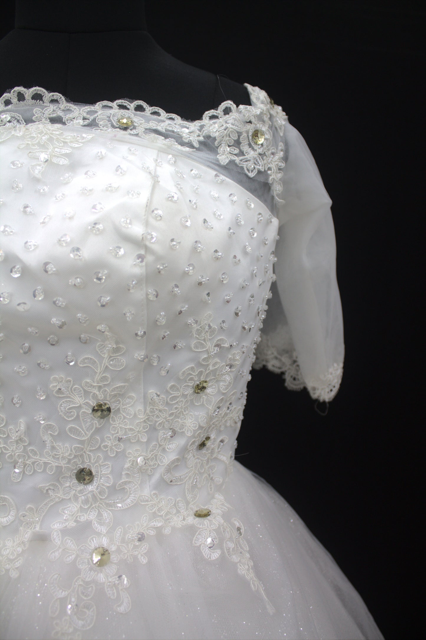 "White Beaded Tulle Ball Gown Wedding Dress with Sheer Lace Short Sleeves & Satin Waist Detail-White Gown" Product code-2019