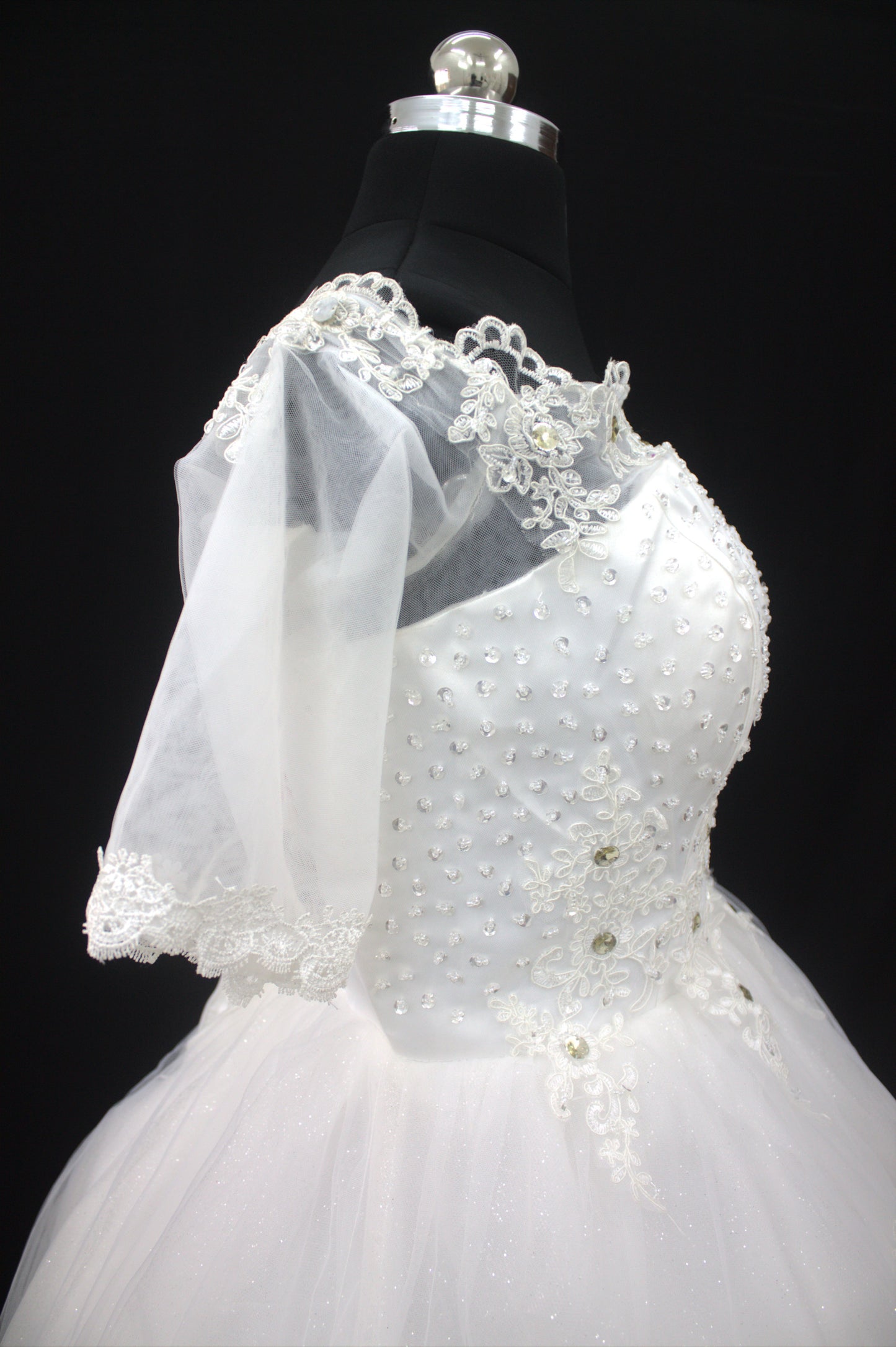 "White Beaded Tulle Ball Gown Wedding Dress with Sheer Lace Short Sleeves & Satin Waist Detail-White Gown" Product code-2019