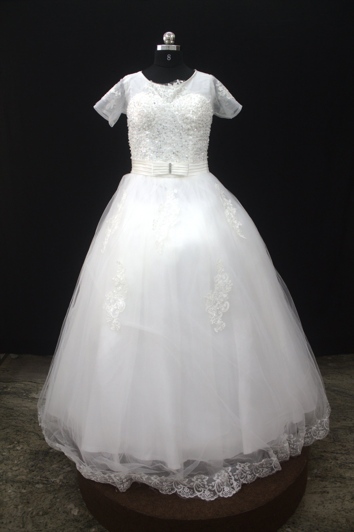 "White Beaded Tulle Ball Gown Wedding Dress with Sheer Sleeves & Lace Appliqués-White Gowns" Product code-2003