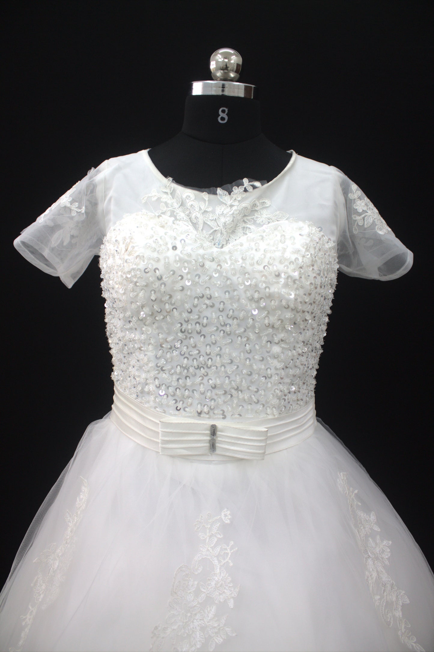 "White Beaded Tulle Ball Gown Wedding Dress with Sheer Sleeves & Lace Appliqués-White Gowns" Product code-2003