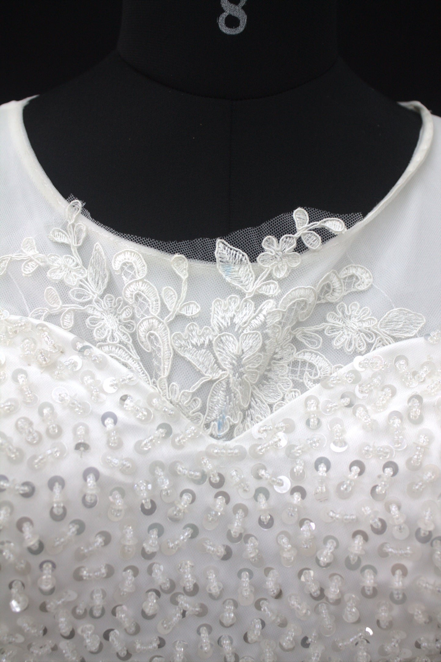 "White Beaded Tulle Ball Gown Wedding Dress with Sheer Sleeves & Lace Appliqués-White Gowns" Product code-2003