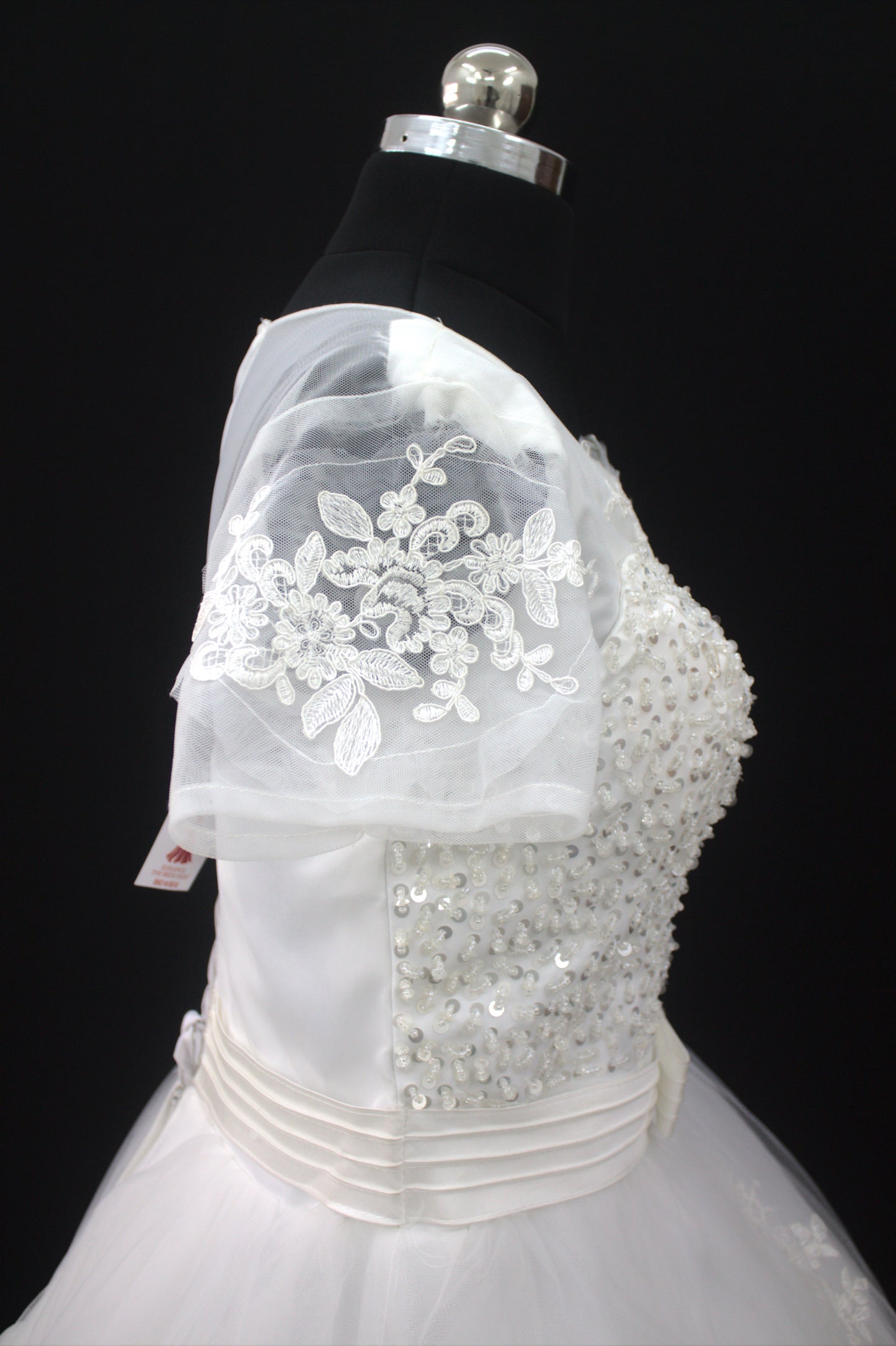 "White Beaded Tulle Ball Gown Wedding Dress with Sheer Sleeves & Lace Appliqués-White Gowns" Product code-2003