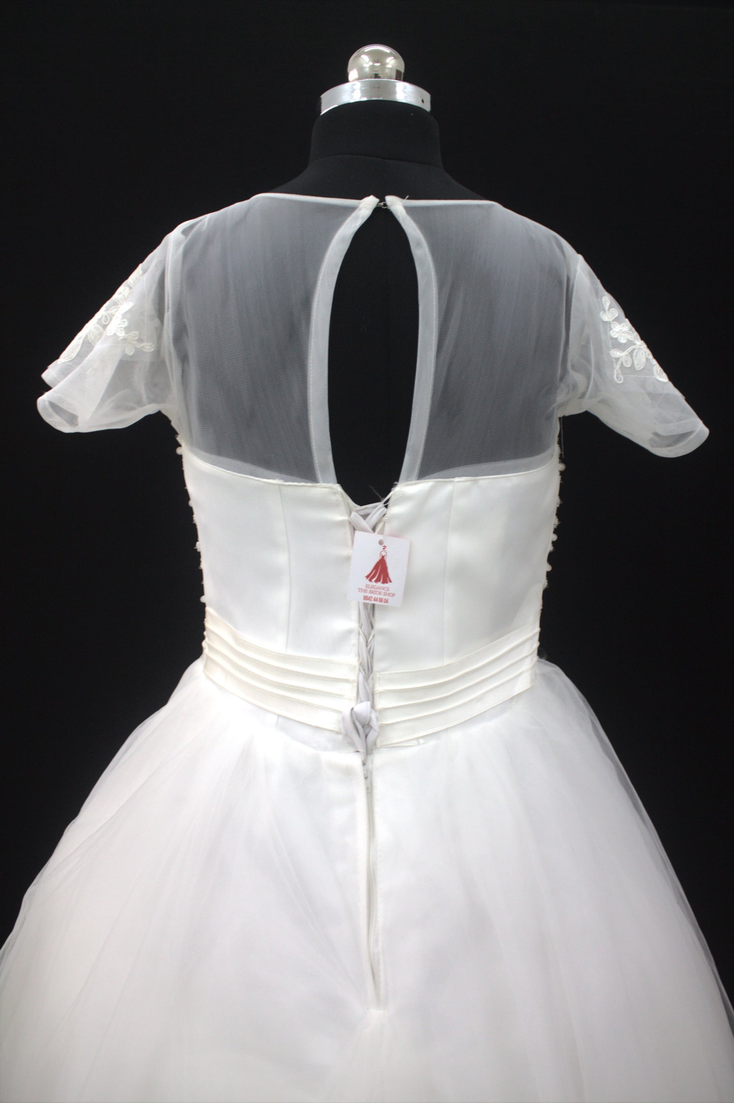 "White Beaded Tulle Ball Gown Wedding Dress with Sheer Sleeves & Lace Appliqués-White Gowns" Product code-2003