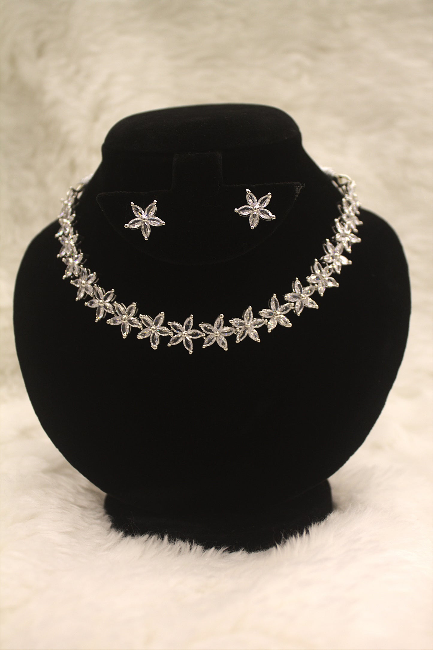 “Floral Sparkle Silver-Plated Necklace & Earring Set with Cubic Zirconia” Product code-6220