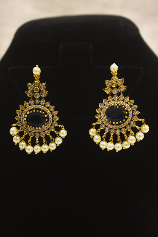 "Navy Blue Stone & Pearl Gold-Plated Necklace Set – Traditional Bridal Jewelry with Earrings" Product code-6004