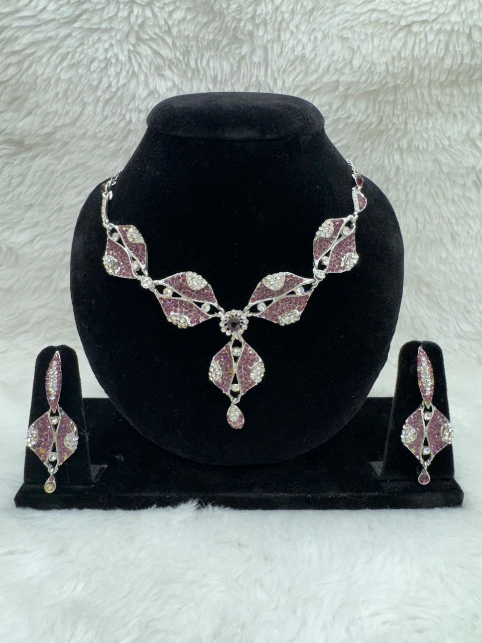 "Pink Crystal Leaf Necklace Set" Product Code- 6058