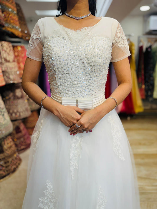 "White Beaded Tulle Ball Gown Wedding Dress with Sheer Sleeves & Lace Appliqués-White Gowns" Product code-2003