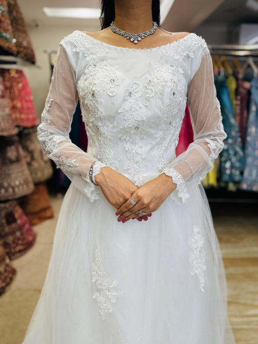 “Celeste Elegant Long Sleeve Ball Gown Wedding Dress with Lace Appliqués & Illusion Neckline-White Gown” Product code-2099