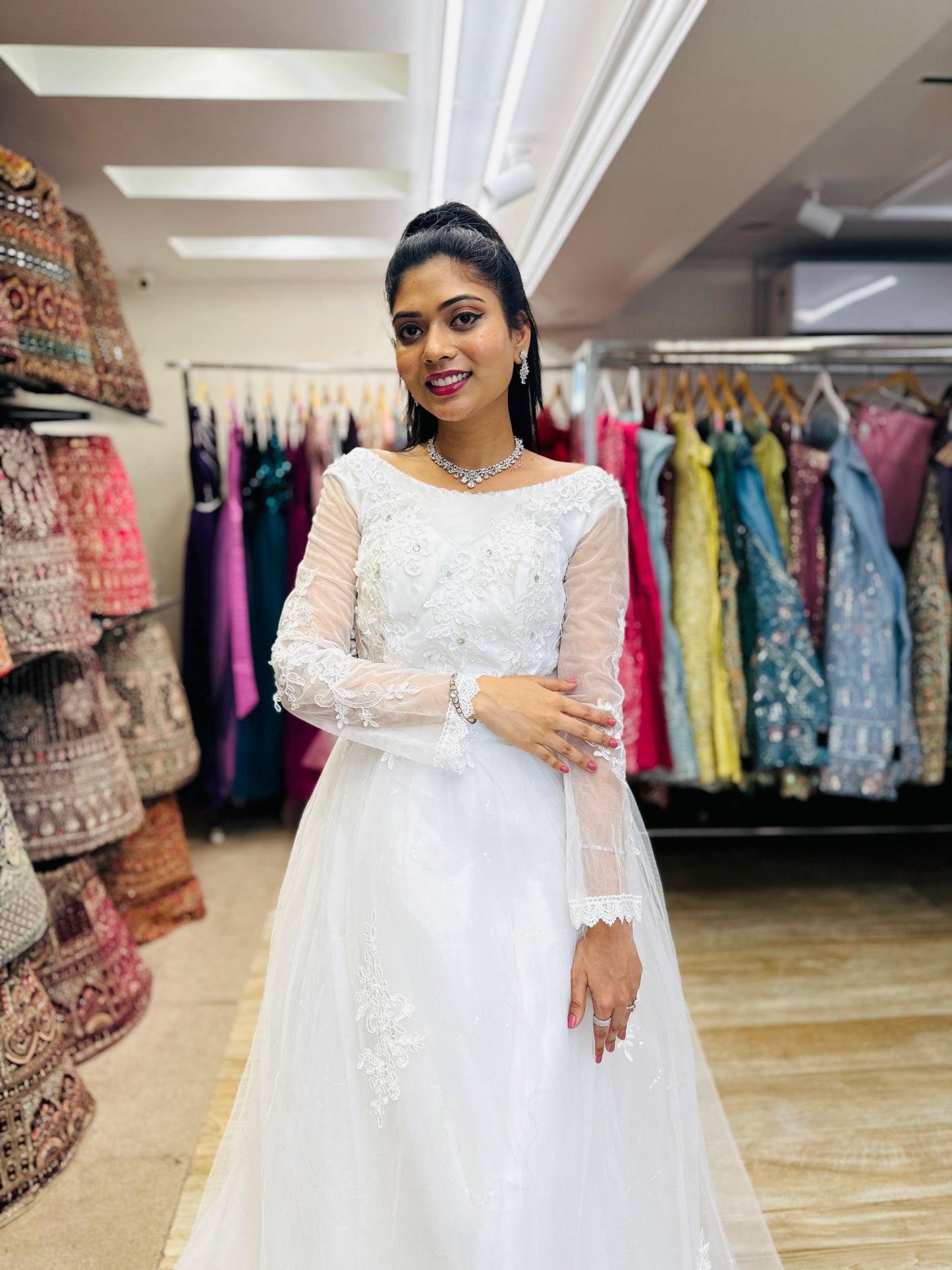 “Celeste Elegant Long Sleeve Ball Gown Wedding Dress with Lace Appliqués & Illusion Neckline-White Gown” Product code-2099