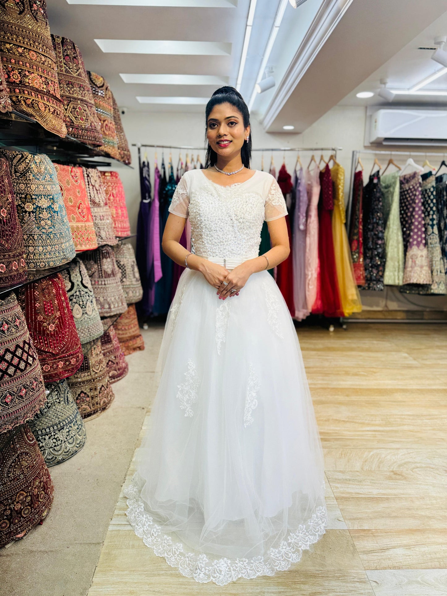 "White Beaded Tulle Ball Gown Wedding Dress with Sheer Sleeves & Lace Appliqués-White Gowns" Product code-2003