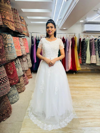 "White Beaded Tulle Ball Gown Wedding Dress with Sheer Sleeves & Lace Appliqués-White Gowns" Product code-2003