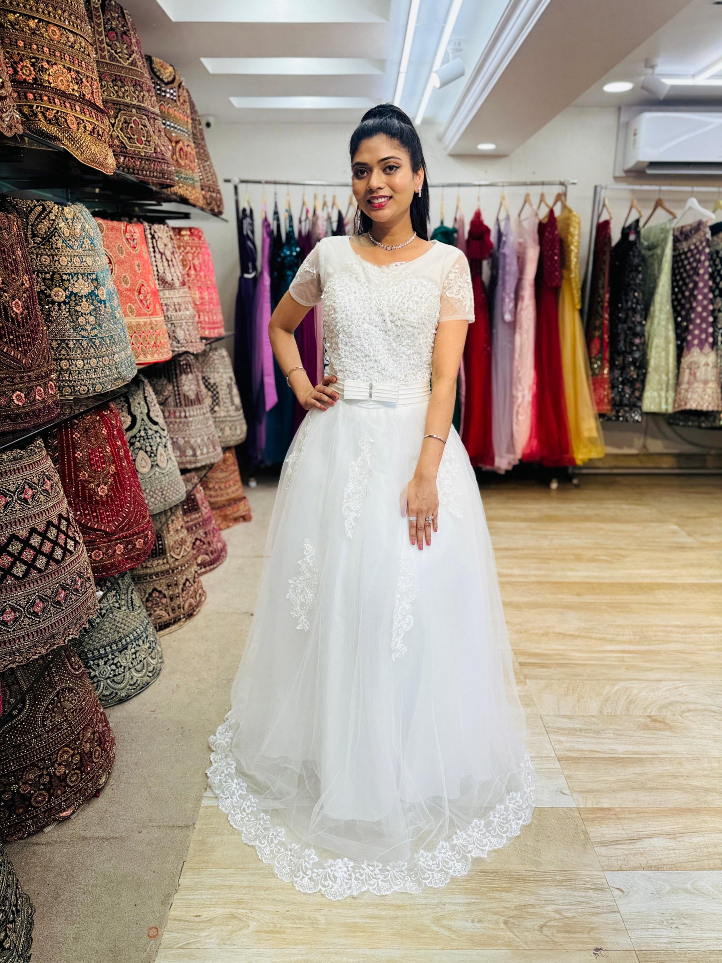 "White Beaded Tulle Ball Gown Wedding Dress with Sheer Sleeves & Lace Appliqués-White Gowns" Product code-2003