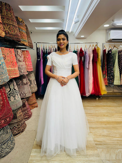 "Classic White Tulle Ball Gown Wedding Dress with Structured Bodice, Satin Waistband & Short Puff Sleeves-White Gown" Product code-2095
