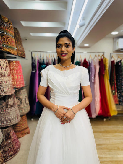 "Classic White Tulle Ball Gown Wedding Dress with Structured Bodice, Satin Waistband & Short Puff Sleeves-White Gown" Product code-2095