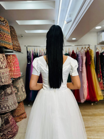 "Classic White Tulle Ball Gown Wedding Dress with Structured Bodice, Satin Waistband & Short Puff Sleeves-White Gown" Product code-2095