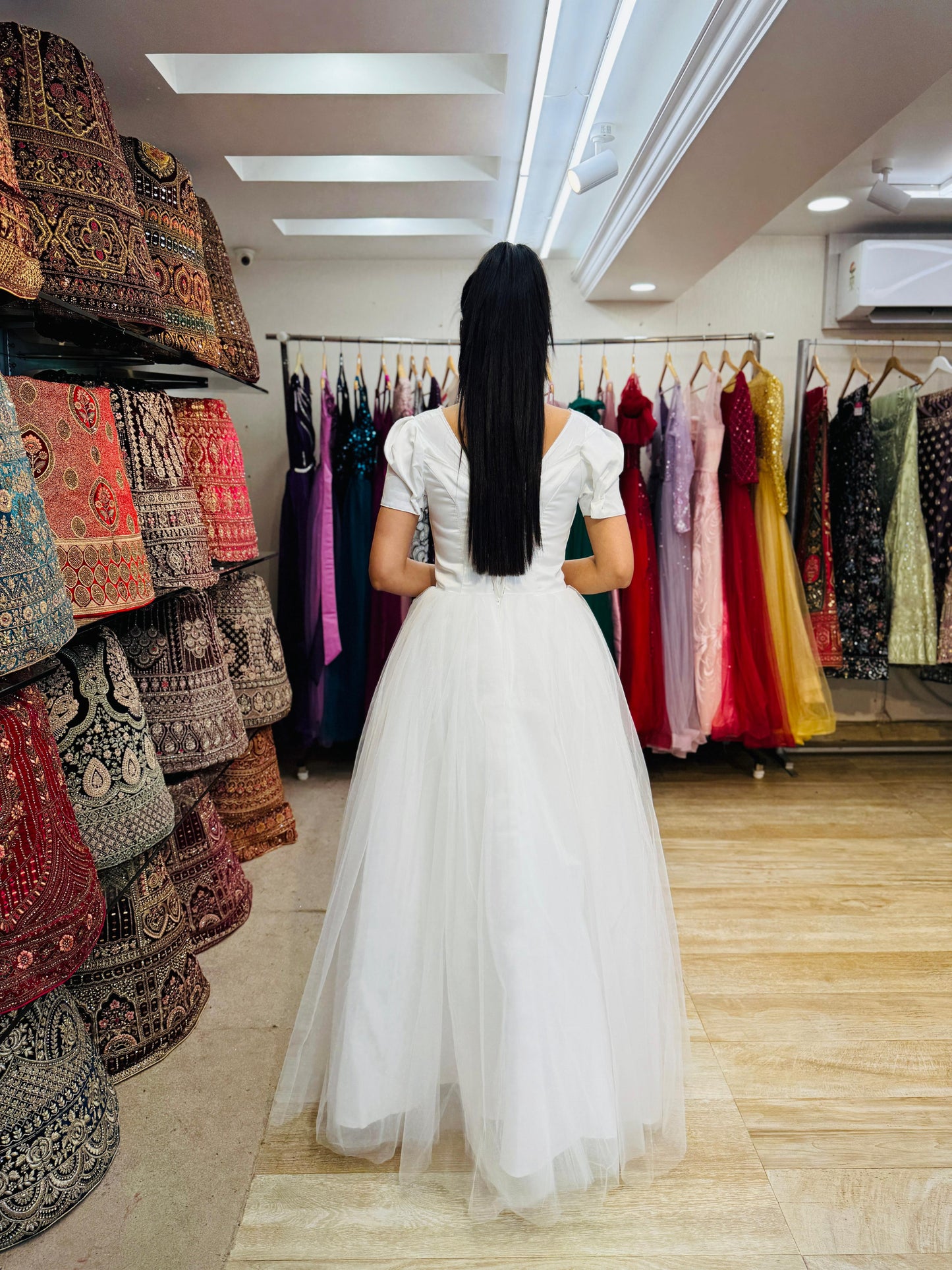"Classic White Tulle Ball Gown Wedding Dress with Structured Bodice, Satin Waistband & Short Puff Sleeves-White Gown" Product code-2095