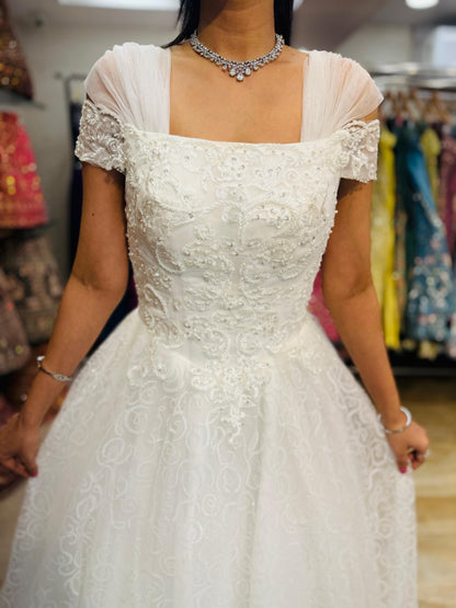 "Whispering Bloom Embroidered Ball Gown with Draped Straps White Gown" Product code-2004