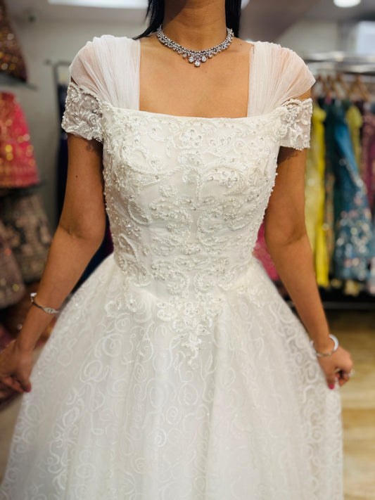 "Whispering Bloom Embroidered Ball Gown with Draped Straps White Gown" Product code-2004