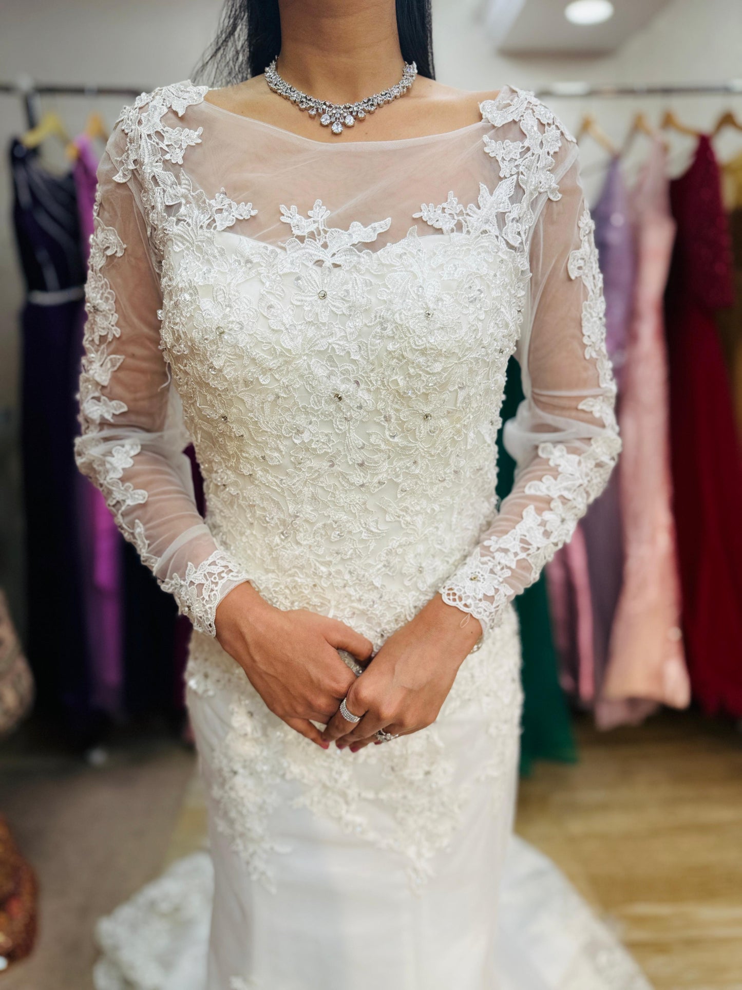 "Luxury Lace Wedding Dress – Full-Length Train, Sheer Detailing & Classic Silhouette-White Gown" Product code-2017