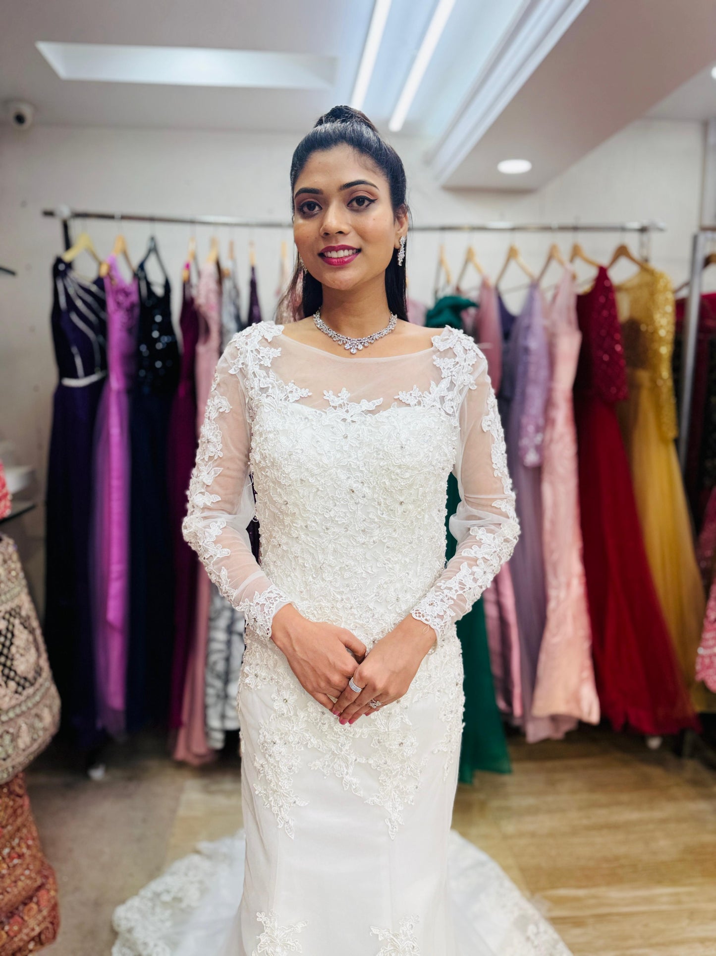 "Luxury Lace Wedding Dress – Full-Length Train, Sheer Detailing & Classic Silhouette-White Gown" Product code-2017