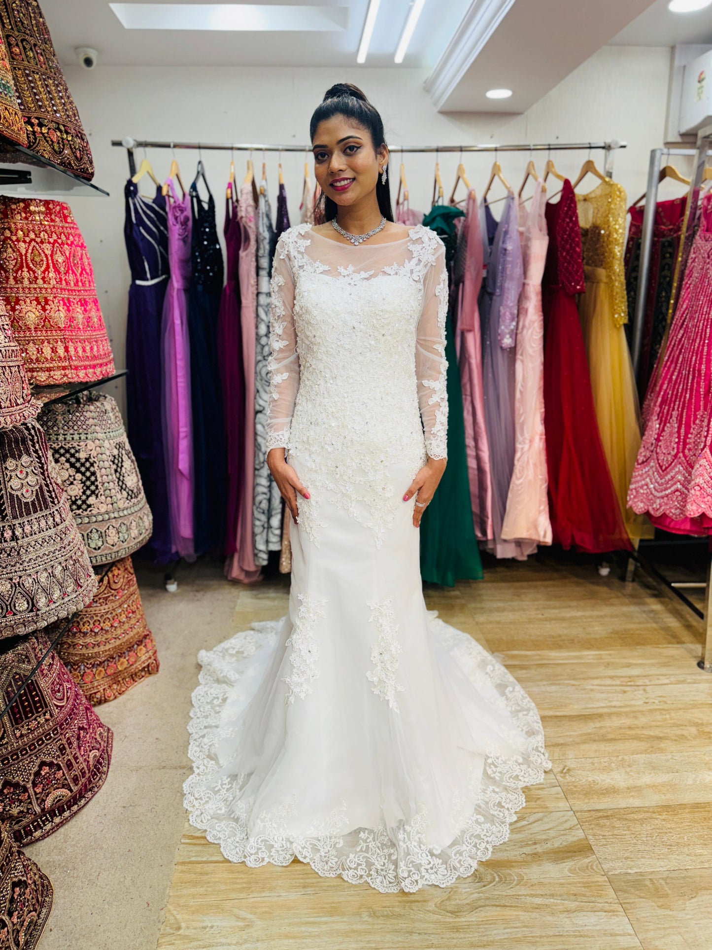 "Luxury Lace Wedding Dress – Full-Length Train, Sheer Detailing & Classic Silhouette-White Gown" Product code-2017